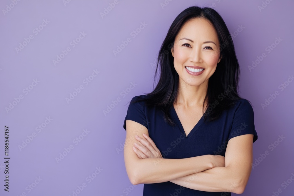 A woman stands confidently in front of a purple wall, looking directly at the camera