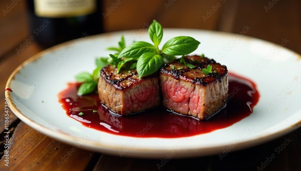 Pan-seared tenderloin steak served with a rich red wine reduction sauce, tournedos, French cuisine Pan-seared tenderloin steak served with a rich red wine reduction sauce, tournedos, French cuisine