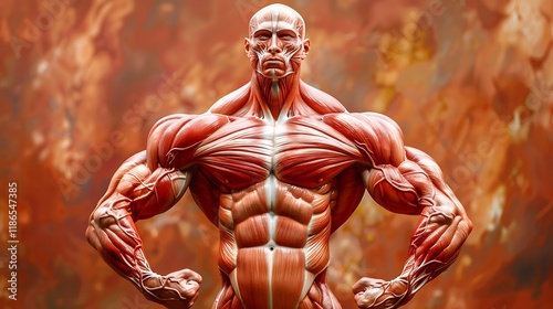 An artistic representation of the human muscles in a bodybuilding pose, showing maximum muscle definition and vascularity