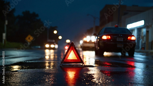 Red triangle warning sign on the road with broken car and city lights in the background. Car accident, red emergency sign
