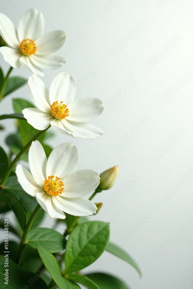 White manolia flowers in full bloom against a white backdrop with soft focus, garden, white background White manolia flowers in full bloom against a white backdrop with soft focus, garden, white background