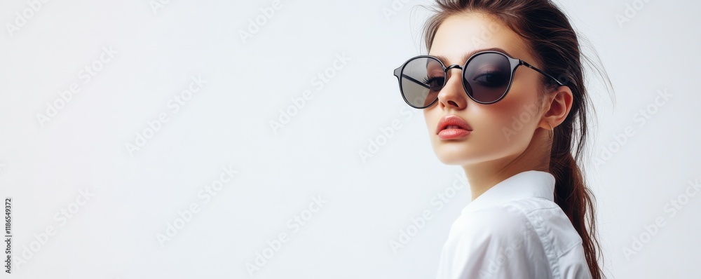 Stylish young woman in oversized sunglasses and a white shirt on a clean white background, exuding confidence and modern fashion sense Stylish young woman in oversized sunglasses and a white shirt on a clean white background, exuding confidence and modern fashion sense