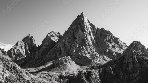 Dramatic mountain peaks display rugged beauty against a clear sky in stunning black and white photography