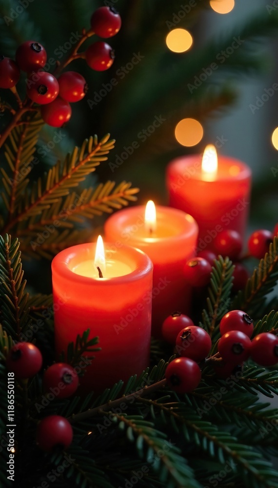 The warm light of three lit candles shines through a fragrant pine branch with clusters of ripe berries, cozy, peaceful The warm light of three lit candles shines through a fragrant pine branch with clusters of ripe berries, cozy, peaceful