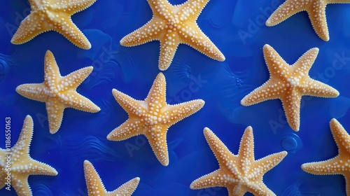 Vibrant starfish collection against a bright blue background showcasing coastal marine life and natural beauty. photo