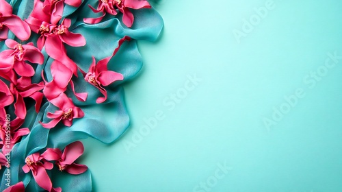 Pink flowers adorn teal fabric background