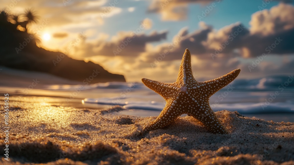 Starfish resting on sandy beach during sunset with gentle waves and dramatic sky in the background creating a serene coastal atmosphere Starfish resting on sandy beach during sunset with gentle waves and dramatic sky in the background creating a serene coastal atmosphere