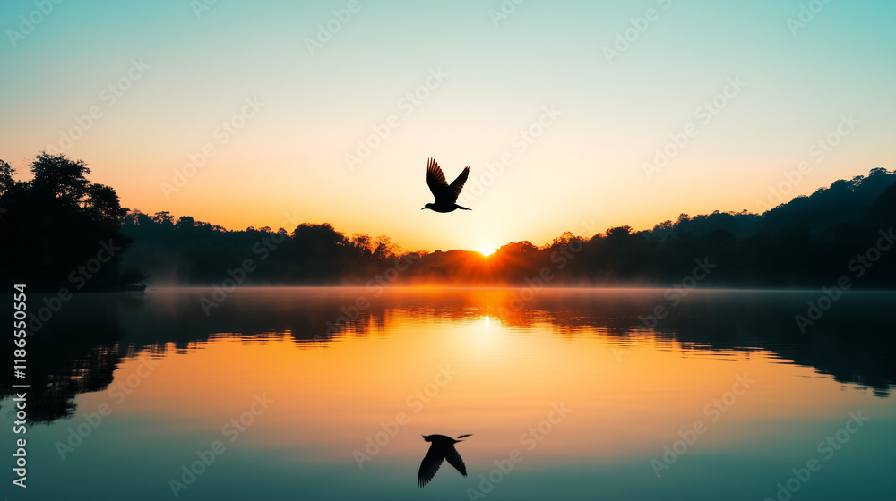 Fototapeta premium A tranquil lake reflecting the silhouette of a bird flying against a soft morning sky.