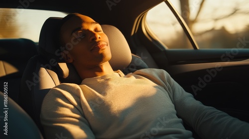 Relaxed driver taking a break in car seat during sunset with eyes closed enjoying peaceful moment and recharge from long journey photo