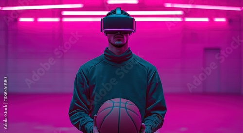 Person Wearing Virtual Reality Headset with Basketball in Hands