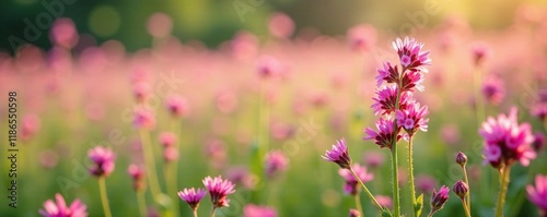 Delicate pink heather flowers swaying in a field of wildflowers, , gardenwildlife, flowerfield