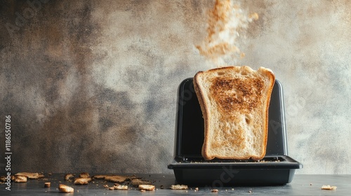 Toaster ejecting burnt toast with crumbs scattered on a wooden surface against a rustic background for kitchen or cooking themes photo