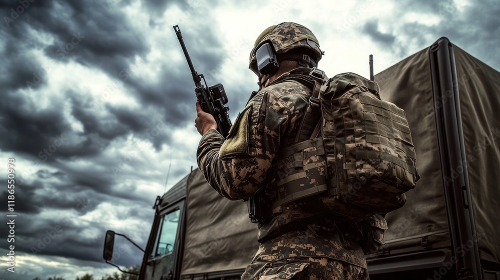 Obraz premium Soldier with rifle on duty near military vehicle under stormy sky.