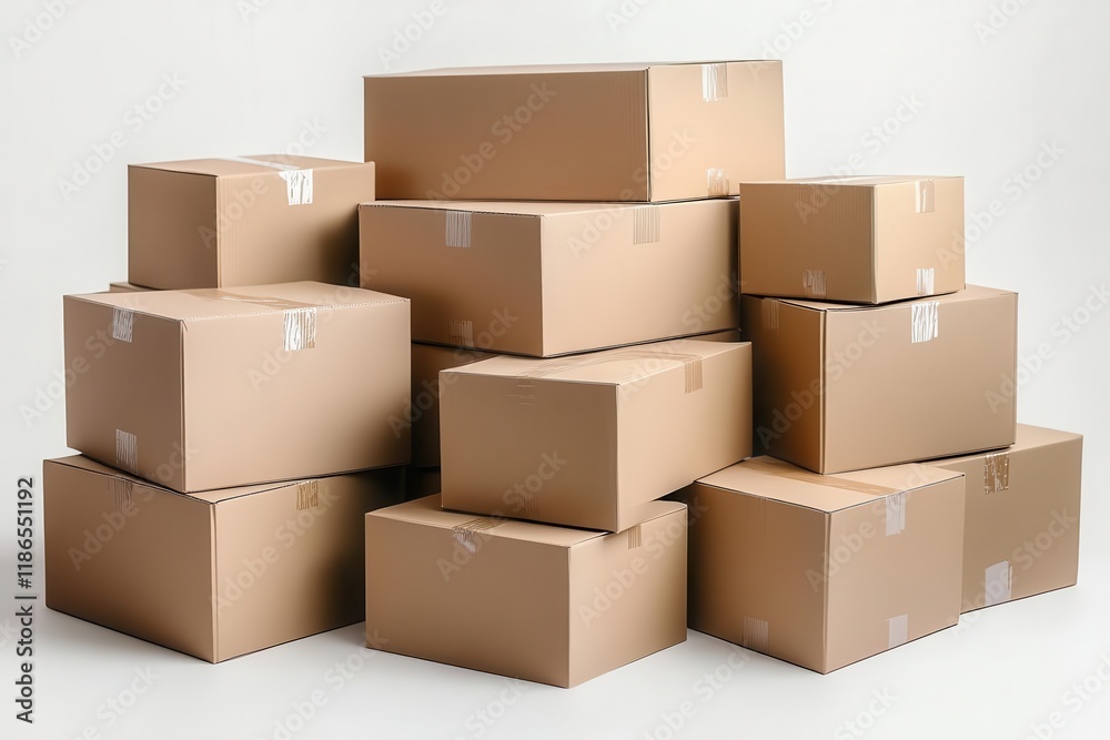 professional studio shot of multiple stacked cardboard moving boxes arranged systematically on pure white background with soft shadows professional studio shot of multiple stacked cardboard moving boxes arranged systematically on pure white background with soft shadows