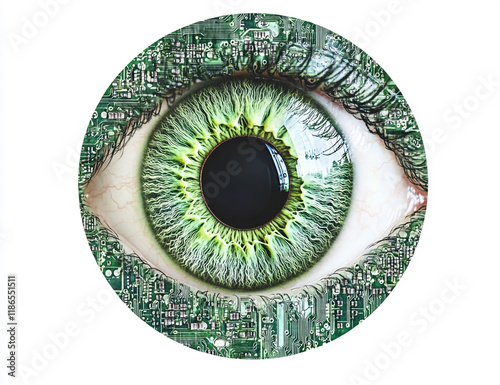 Futuristic Digital Eye with Green Iris and Circuit Board Design photo