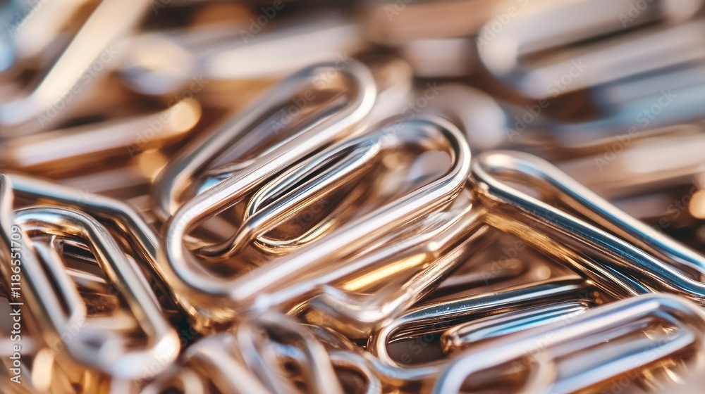 Metallic paper clips scattered on a textured surface creating an abstract office supplies background Metallic paper clips scattered on a textured surface creating an abstract office supplies background