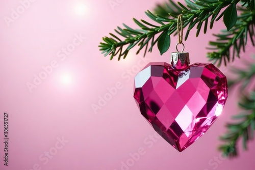 Pink Swarovski crystal heart-shaped ornament hung from eucalyptus garland, heart, pink, garland