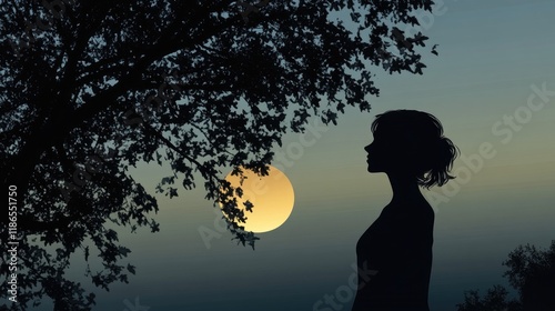 Serene silhouette of a woman against a glowing sunset and tree branches creating a peaceful evening atmosphere. photo