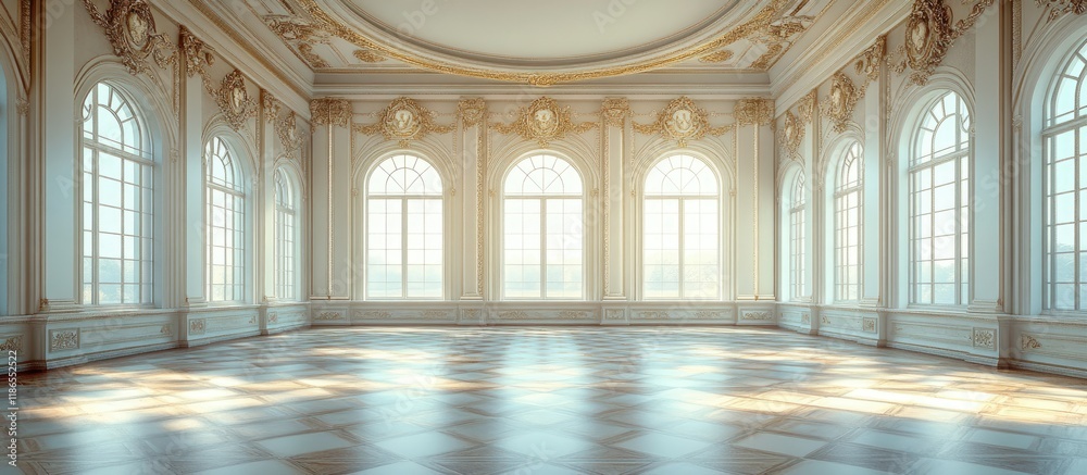 Fototapeta premium Grand Palace Ballroom: Sunlight Streaming Through Arch Windows