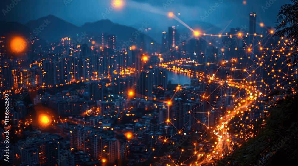 Fototapeta premium Night cityscape with glowing network connections.