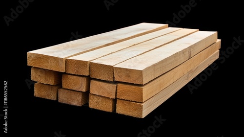 Timber Wood Planks Stacked Neatly for Construction Against a Solid Black Background photo