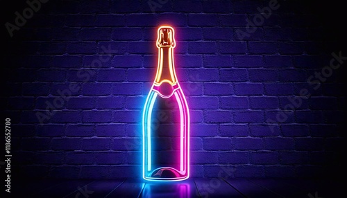 Neon champagne bottle glowing against a dark brick wall in a festive setting