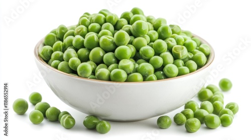 Fresh green peas in a bowl with scattered peas around, showcasing their vibrant color and natural freshness on a white background.
