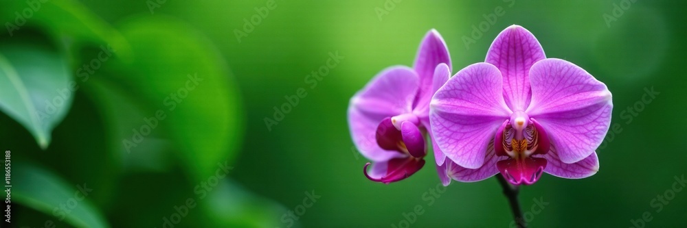 Delicate purple orchid blooms on a lush green leaf background, botanical, plant Delicate purple orchid blooms on a lush green leaf background, botanical, plant