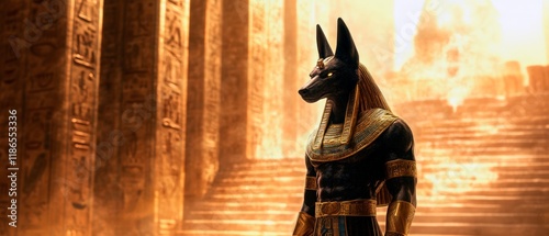 Digital artwork of Anubis, ancient Egyptian god with black jackal head wearing ornate golden armor, standing in temple with hieroglyphic pillars. Generative AI