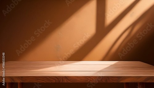 empty table on brown historical past with natural shadows on the wall mock up for branding merchandise presentation food and health care