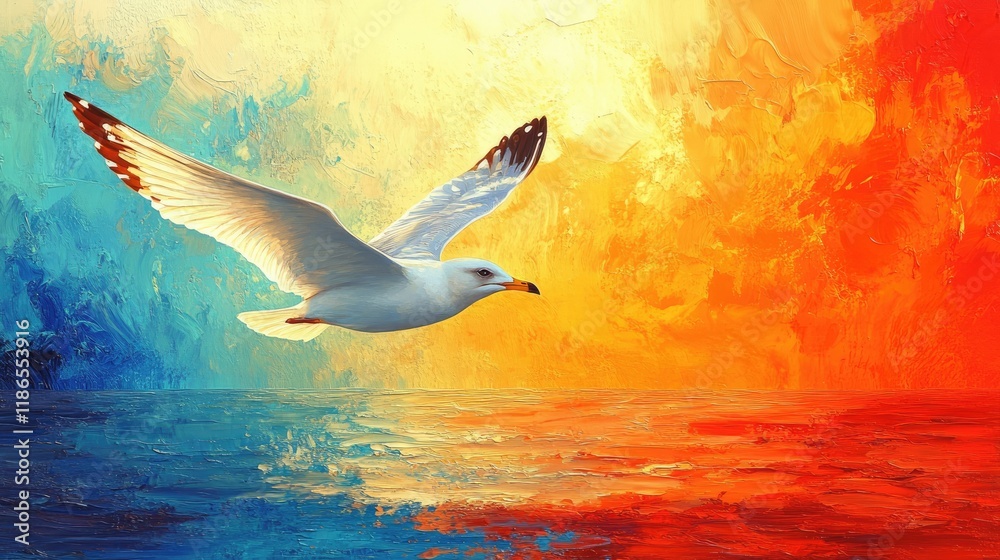Fototapeta premium Seagull Soaring at Sunset: A Vivid Painting of Freedom and Tranquility