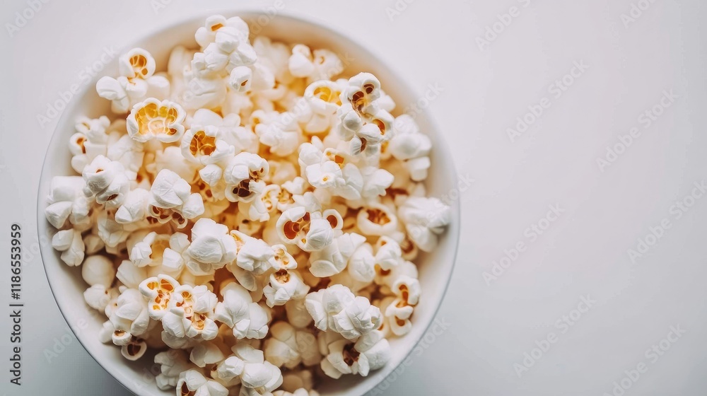 Delicious freshly popped popcorn in a white bowl isolated on a clean background perfect for snack or movie night concepts Delicious freshly popped popcorn in a white bowl isolated on a clean background perfect for snack or movie night concepts