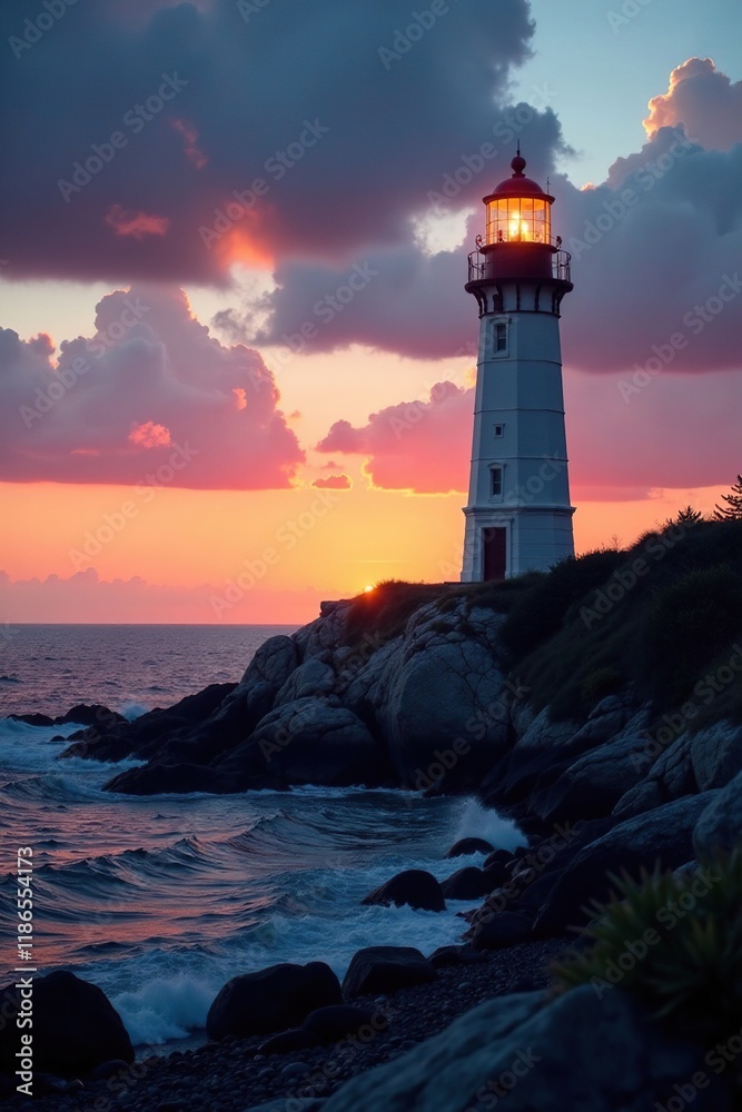 Naklejka premium Gently fading light of lighthouse in evening sky, clouds, lighthouse, light
