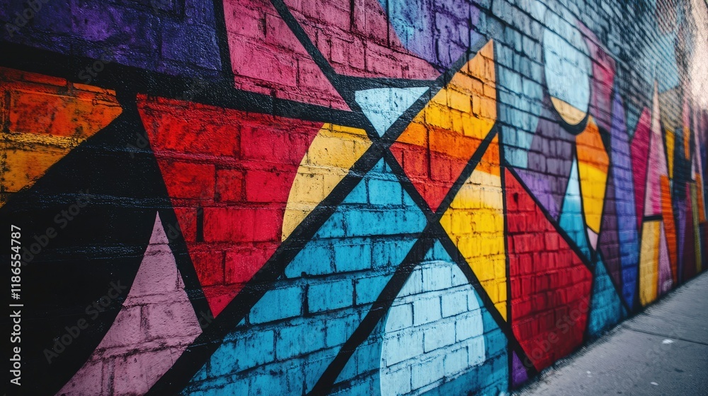 Vibrant Street Wall Mural Featuring Abstract Geometric Shapes and Bold Colors in Urban Setting Vibrant Street Wall Mural Featuring Abstract Geometric Shapes and Bold Colors in Urban Setting