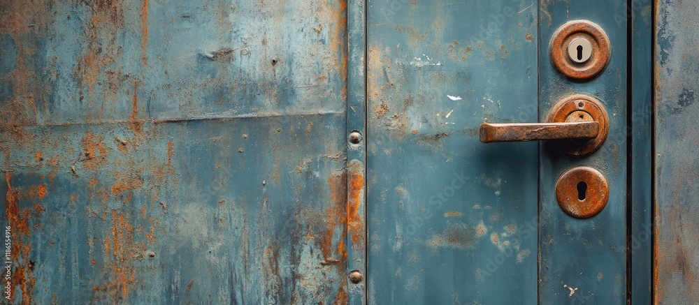 Rustic metal entrance door featuring a textured surface and robust locking system perfect for enhancing security in homes or businesses Rustic metal entrance door featuring a textured surface and robust locking system perfect for enhancing security in homes or businesses