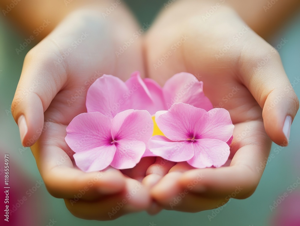 Delicate pink flowers held gently in open hands, symbolizing beauty and care in a serene outdoor setting during daytime Delicate pink flowers held gently in open hands, symbolizing beauty and care in a serene outdoor setting during daytime
