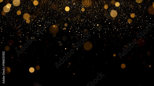 Golden glitter dust particles on dark background, abstract overlay