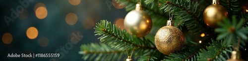 Gold and silver ornaments clustered at the top of the tree, branches, Christmas, glitter photo