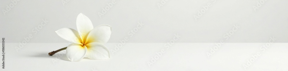 Single white plumeria flower on clean white surface, blossom, minimalist, pure Single white plumeria flower on clean white surface, blossom, minimalist, pure