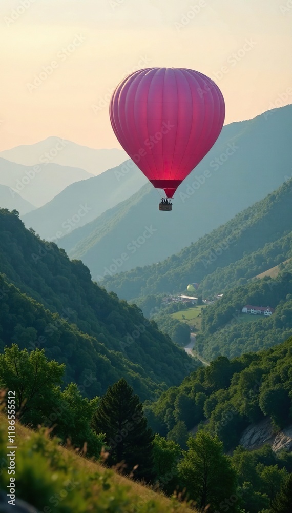 Fototapeta premium Soft pink hot air balloon floats over lush green valley at dawn, peaceful, landscape, mountain