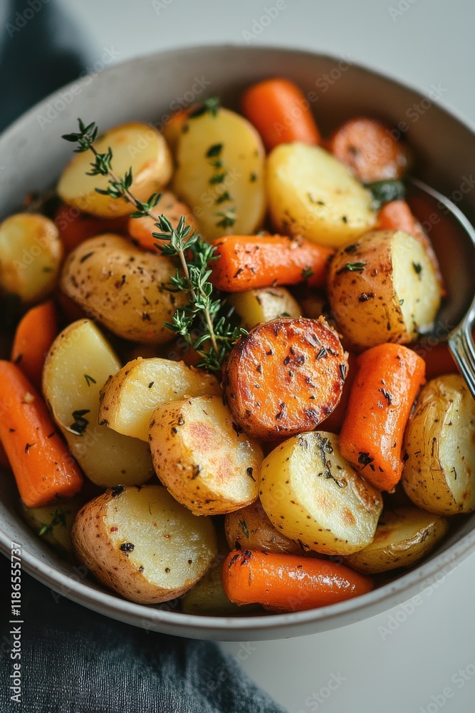 Roasted potatoes and carrots garnished with fresh thyme served in a bowl for a healthy meal option Roasted potatoes and carrots garnished with fresh thyme served in a bowl for a healthy meal option