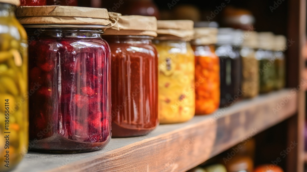Neatly arranged tinned jars filled with preserved fruits and vegetables on a wooden shelf in a cozy pantry setting Neatly arranged tinned jars filled with preserved fruits and vegetables on a wooden shelf in a cozy pantry setting