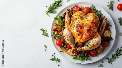 Roasted chicken served with fresh herbs and vegetables on a white background top view delicious culinary dish concept photo