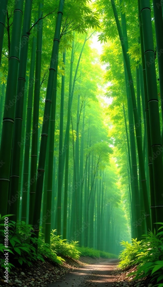 Dense forest of tall bamboo plants swaying in the wind, peaceful, green, serene Dense forest of tall bamboo plants swaying in the wind, peaceful, green, serene