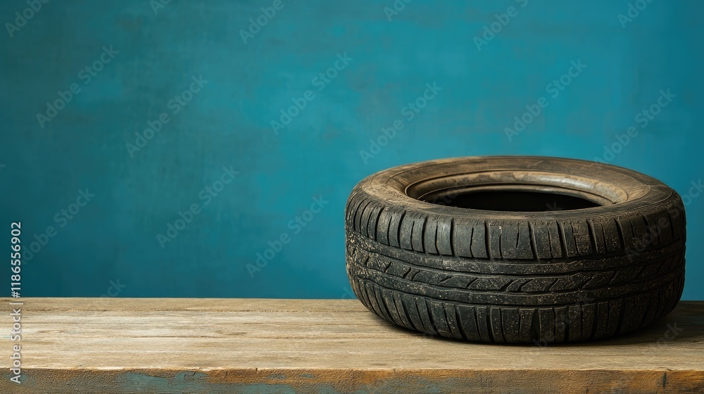 Fototapeta premium Tire Positioned on Rustic Wooden Table Set Against a Textured Blue Background