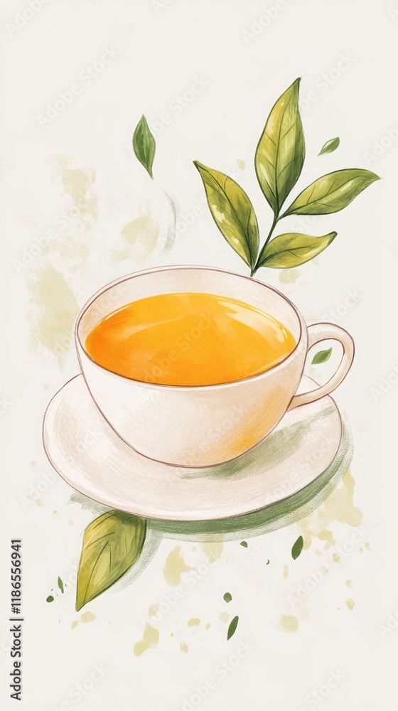 A warm cup of tea with green leaves. A warm cup of tea with green leaves.