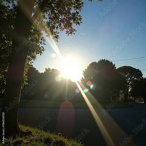 La luz del sol se desvanece detr?s de una colina en la calzada, paisaje natural, sombra photo