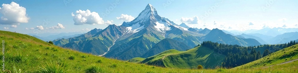 Fototapeta premium Snow-capped peak with verdant valleys and grasslands below, terrain, mountain peaks, meadows