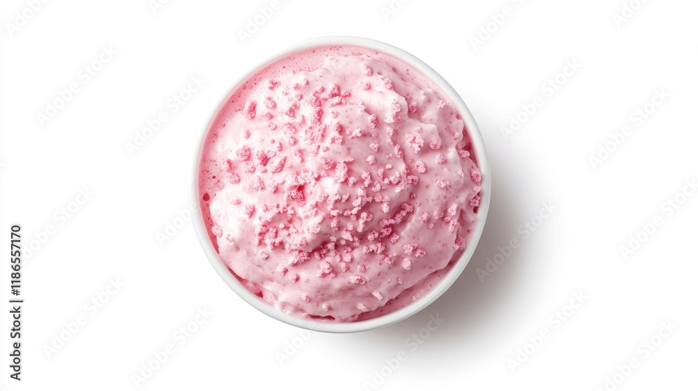 Delicious pink strawberry milkshake in a white bowl viewed from above on a clean white background Delicious pink strawberry milkshake in a white bowl viewed from above on a clean white background