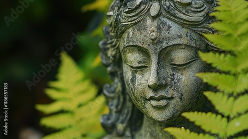 Serene Statue of a Female Idol Surrounded by Lush Green Ferns in a Tranquil Natural Setting photo